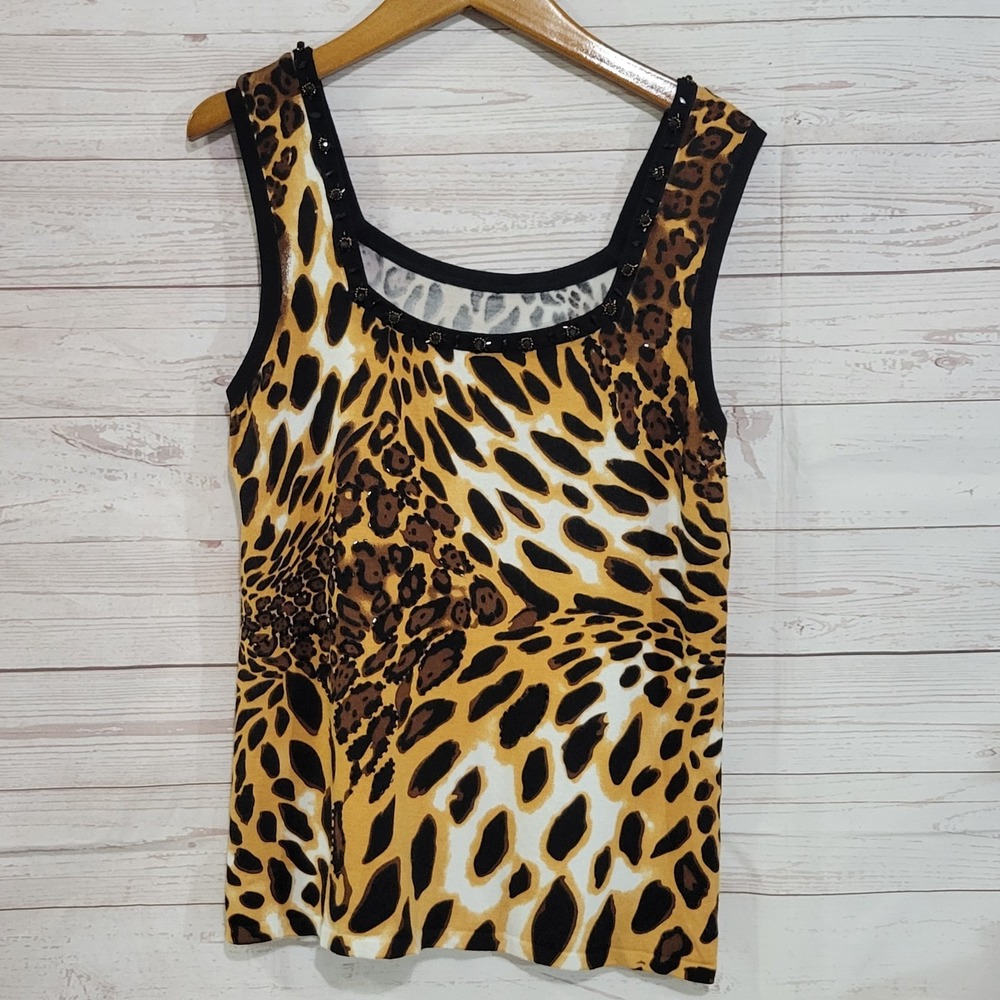 Fontana Animal Print Knit Tank Top Womens XL Beaded Brown Black Mobwife